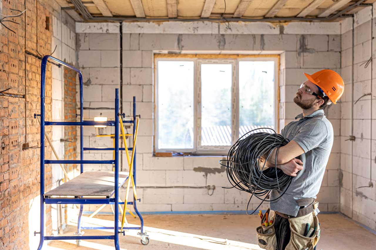 A skilled electrician installs lighting fixtures in a residential space. 